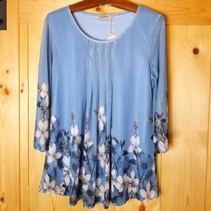 Timeson Floral Semi Pleated Front Scoop Neck Blouse NWT